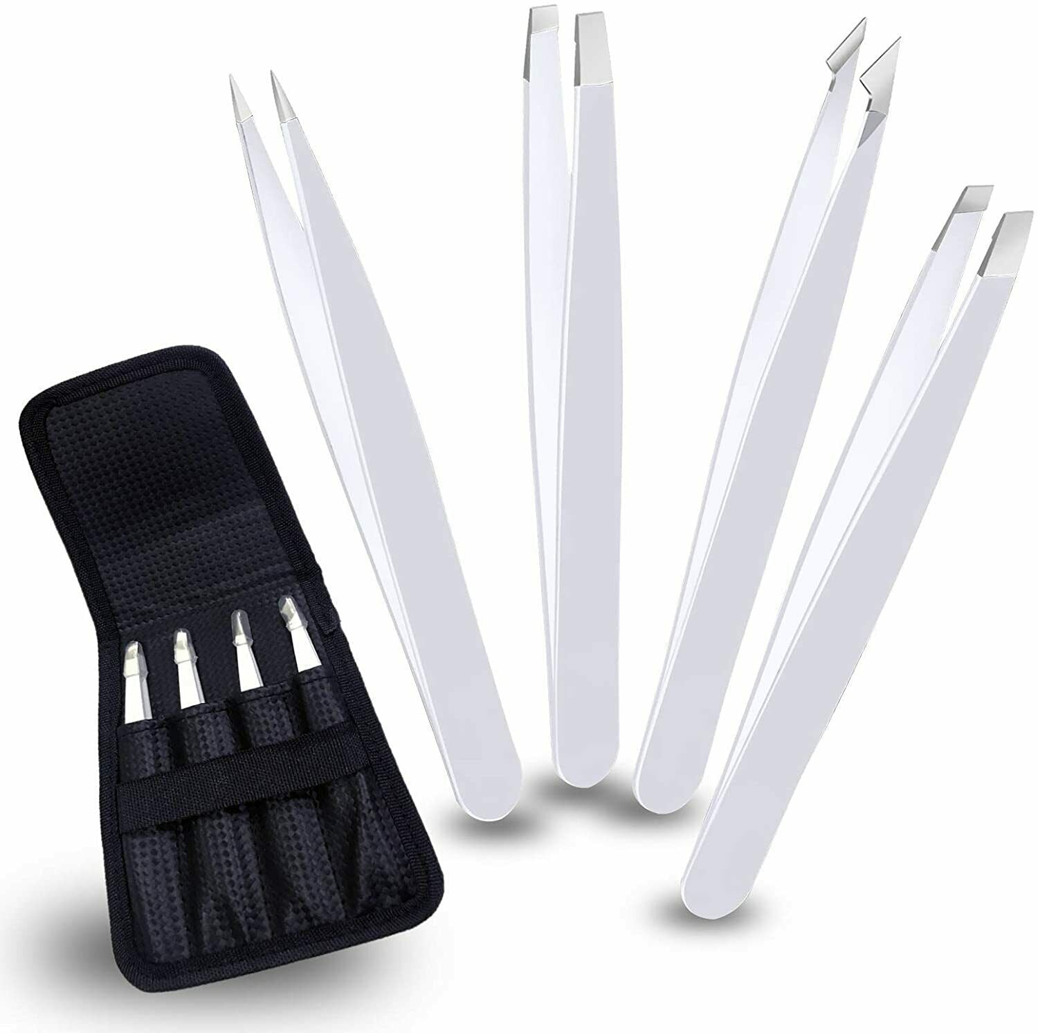 SnoWas - White Eyebrow Tweezers for Professionals, 4 Pcs Eyebrow Tweezers Set Precision Tweezer for Eyebrows Plucking and Ingrown Hair Removing, Daily Beauty Removal Tools for Men and Women