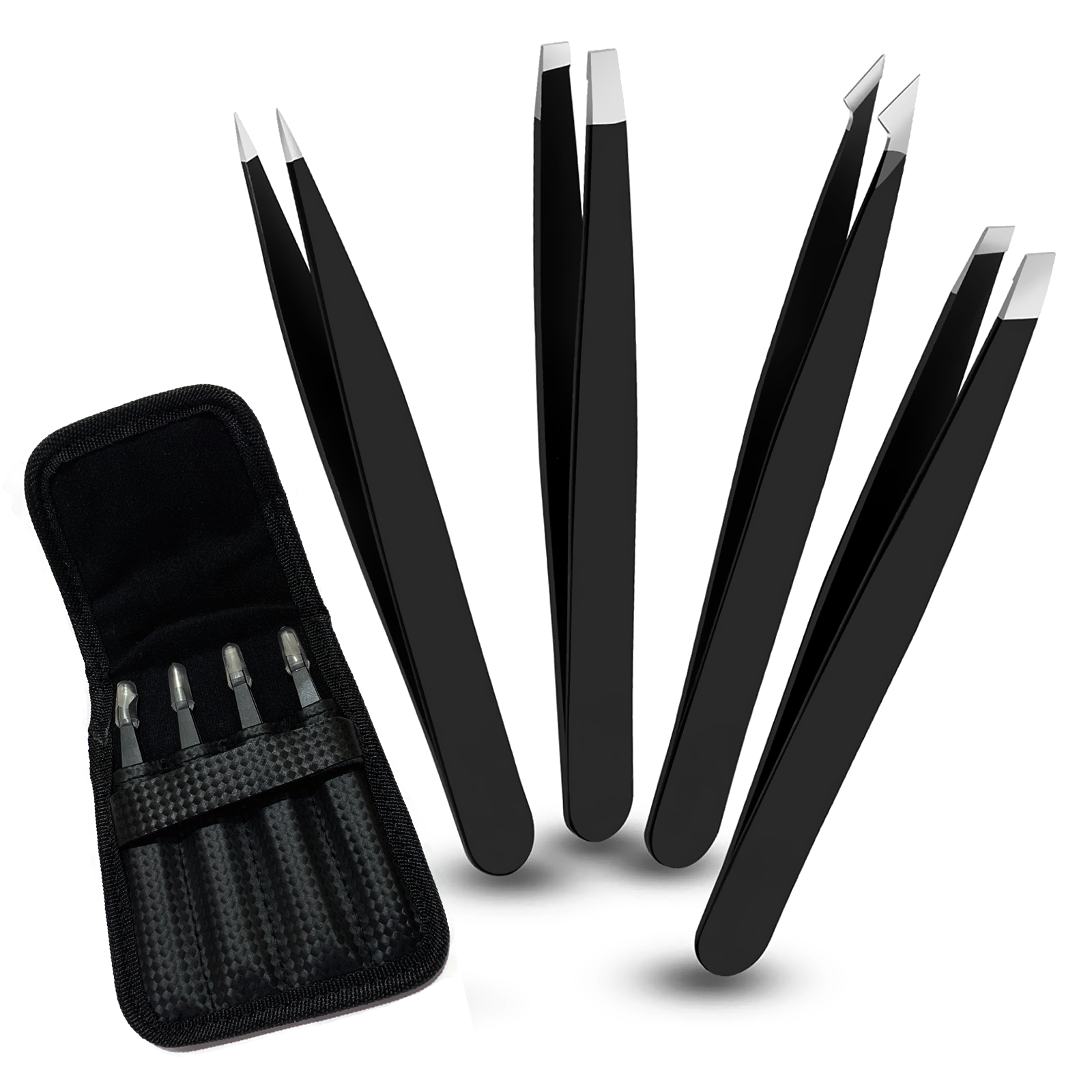 SnoWas - Black Eyebrow Tweezers for Professionals, 4 Pcs Eyebrow Tweezers Set Precision Tweezer for Eyebrows Plucking and Ingrown Hair Removing, Daily Beauty Removal Tools for Men and Women